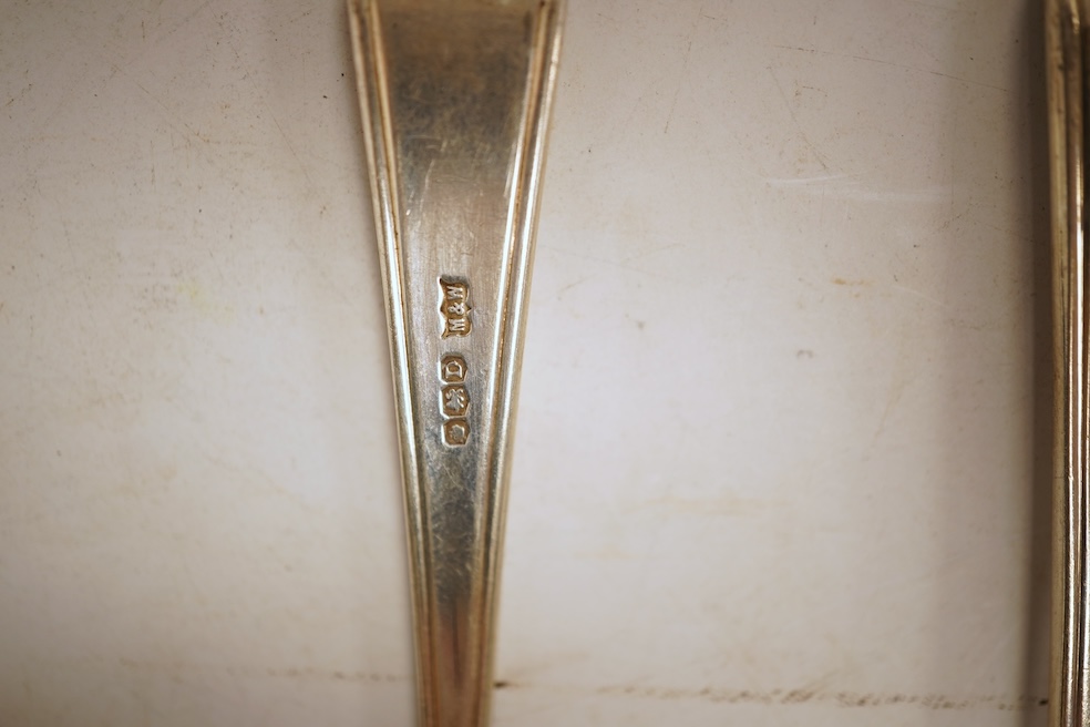 An Elizabeth II part canteen of silver cutlery, by Mappin & Webb, comprising six of the following, tablespoons, table forks, dessert spoons, soup spoons dessert forks, coffee spoons, teaspoons, grapefruit spoons, fish fo